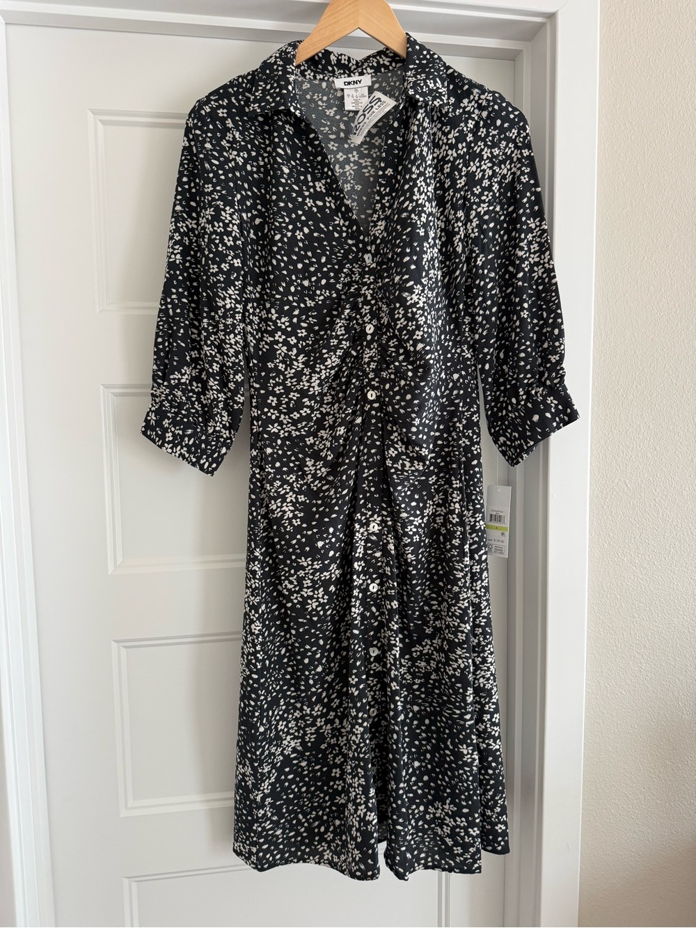DKNY Black and White Midi Shirt Dress with Abstract Spot Print
